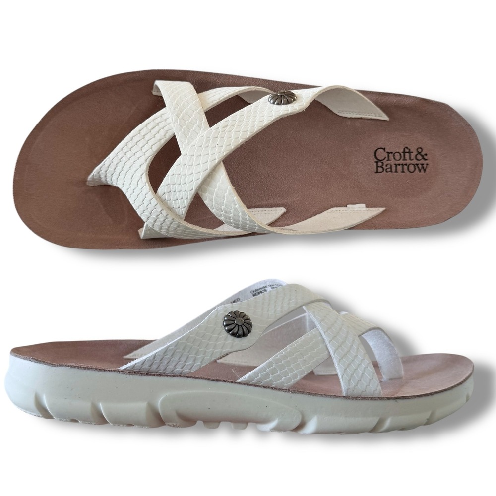 Croft & Barrow Womens Leigha White Faux Snakeskin Slip On Sandals Size 7